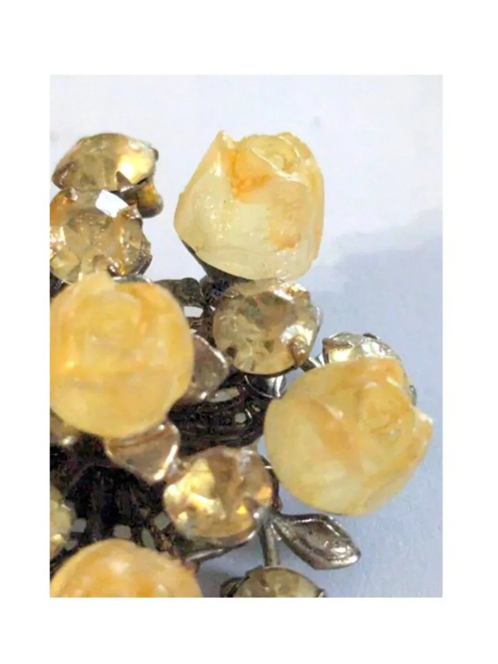 Vintage Floral Cluster Brooch Pale Yellow Rose Buds & Round Rhinestones Riveted